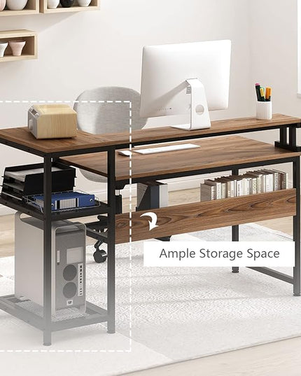 soges 62 Inch Computer Desk with Elevated Monitor Shelf, Home Office Desk with Storage Shelves, CPU Stand, Study Writing Table Workstation with Printer Stand - LeafyLoom