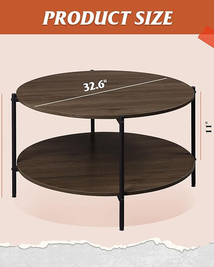 WLIVE Round Coffee Table, Living Room Table with 2-Tier Storage Shelf,32in Wood Modern Coffee Table with Metal Frame and Wood Desktop,Easy Assembly，Brown Walnut. - LeafyLoom