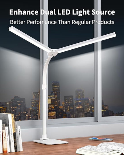 Desk Lamp Architect Task Dual Head Modern Flexible Gooseneck Tall Dimmable Light for Home Office, 5 Color Modes,Remote Control, 1500lm 24W Extra Bright Lighting - LeafyLoom