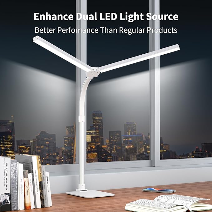 Desk Lamp Architect Task Dual Head Modern Flexible Gooseneck Tall Dimmable Light for Home Office, 5 Color Modes,Remote Control, 1500lm 24W Extra Bright Lighting - LeafyLoom