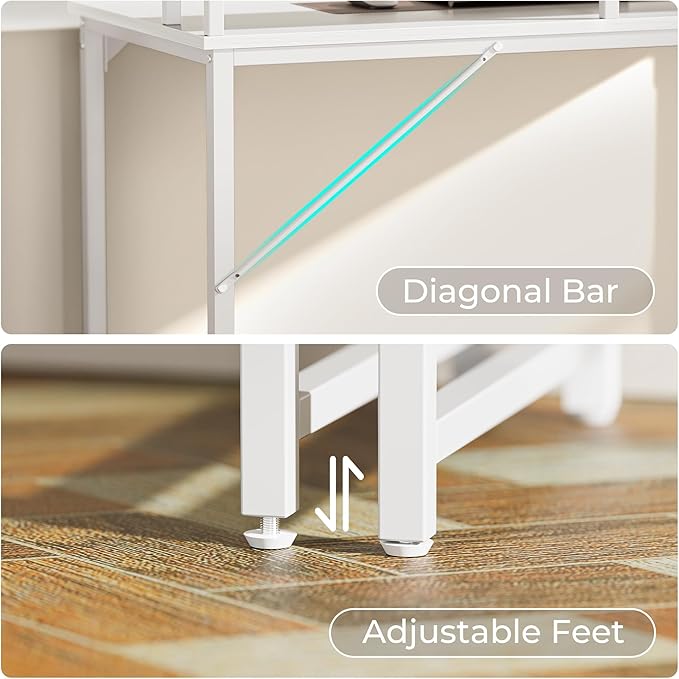 SUPERJARE 55 inch Computer Desk with LED Lights & Power Outlets, Gaming Desk with Monitor Shelf, Small Office Desk for Home & Office, White - LeafyLoom