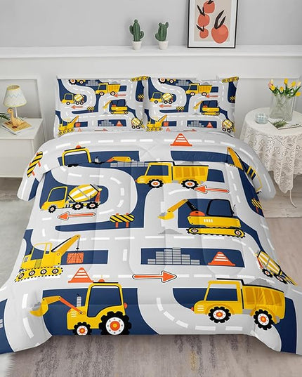 Axolotl Cartoon Excavator Bedding Set Full,Tractor Truck Bedding Set,Boys Construction Bedding Set,Yellow Vehicles Truck Comforter Construction Site Decor for Kids Boys Teens,1 Quilt 2 Pillowcases - LeafyLoom