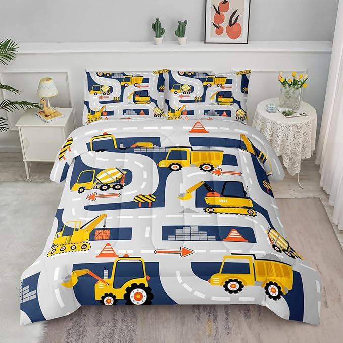 Axolotl Cartoon Excavator Bedding Set Full,Tractor Truck Bedding Set,Boys Construction Bedding Set,Yellow Vehicles Truck Comforter Construction Site Decor for Kids Boys Teens,1 Quilt 2 Pillowcases - LeafyLoom
