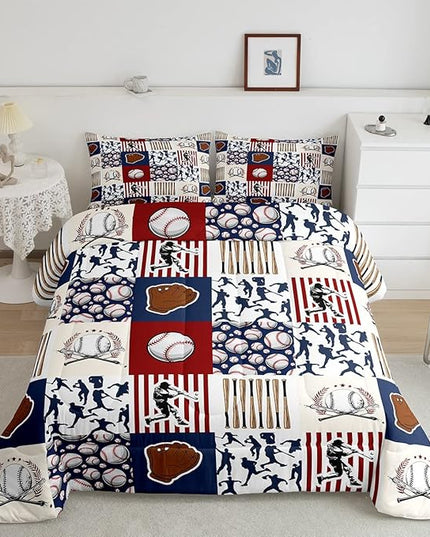 Erosebridal Kids Baseball Full Comforter Set for Boys,Teen Baseball Athlete Bedding Set Room Decor Sports Theme Bed Comforter Sets Baseball Bat Gloves Quilt Duvet with 2 Pillow Cases Red Navy Blue - LeafyLoom