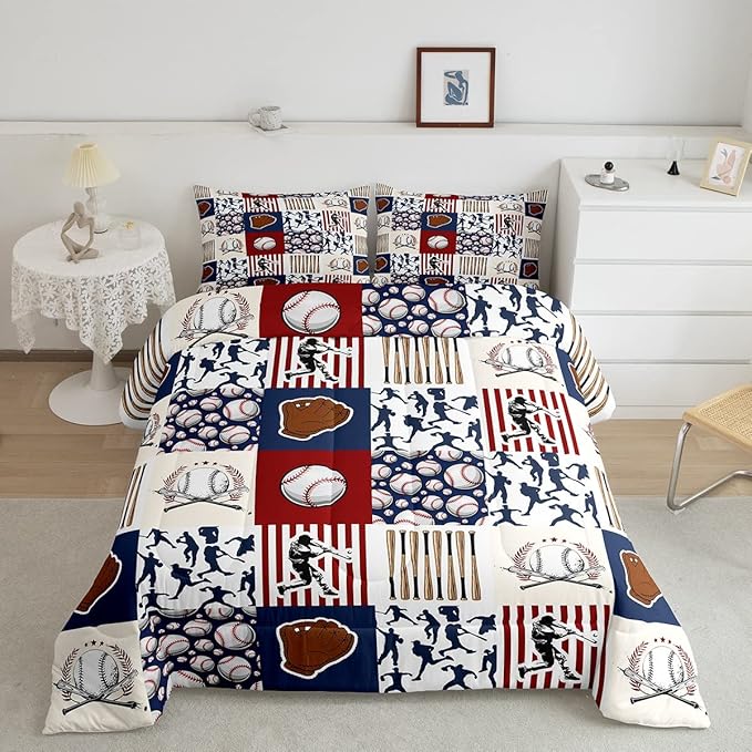 Erosebridal Kids Baseball Full Comforter Set for Boys,Teen Baseball Athlete Bedding Set Room Decor Sports Theme Bed Comforter Sets Baseball Bat Gloves Quilt Duvet with 2 Pillow Cases Red Navy Blue - LeafyLoom