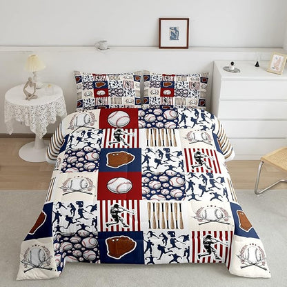Erosebridal Kids Baseball Full Comforter Set for Boys,Teen Baseball Athlete Bedding Set Room Decor Sports Theme Bed Comforter Sets Baseball Bat Gloves Quilt Duvet with 2 Pillow Cases Red Navy Blue - LeafyLoom