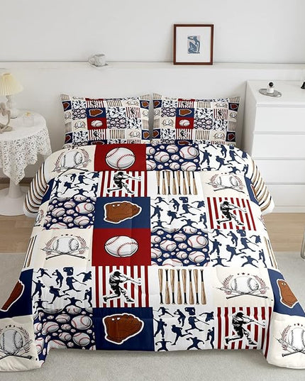 Erosebridal Kids Baseball Twin Comforter Set for Boys,Teen Baseball Athlete Bedding Set Room Decor Sports Theme Bed Comforter Sets Baseball Bat Gloves Quilt Duvet with 1 Pillow Case Red Navy Blue - LeafyLoom