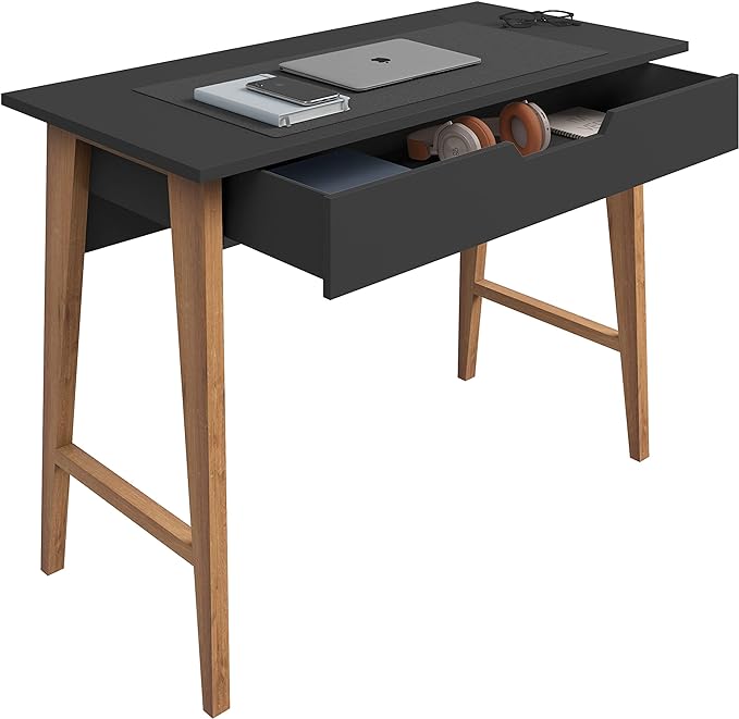 PARMA 42 Inch Modern Desk - Home & Office Small Computer Desk with Wide Drawer - Wooden Study Writing Minimalist Desk with Storage for Small Space, Bedroom & Workstations - Student Desk/Table (Black) - LeafyLoom