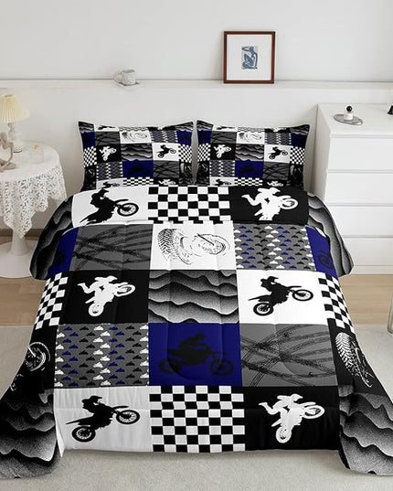 Dirt Bike Comforter Set, Motocross Rider Bedding Comforter Sets Full, Motorcycle Grunge Down Comforter For Kids Boys Adult Men, Motorbike Extreme Sport Game Comforter, Buffalo Plaid, Blue Grey Black - LeafyLoom