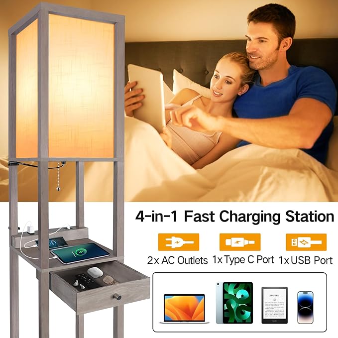 OUTON Deluxe Shelf Floor Lamp with 1 Drawer, 2 USB-C Ports, 2 AC Outlets, LED Modern Floor Lamp with 3 Color Temperature, Storage Display Wood Standing Lamp for Living Room, Bedroom, Office (Grey) - LeafyLoom