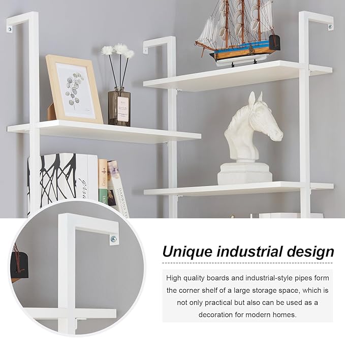 HOMISSUE Corner Bookshelf,12-Tier L Shaped Bookshelf, Double Wide Corner Wall Mount Bookcase with Metal Frame and Wood,Modern Industrial Corner Shelf for Living Room, Kitchen, Home Office White - LeafyLoom