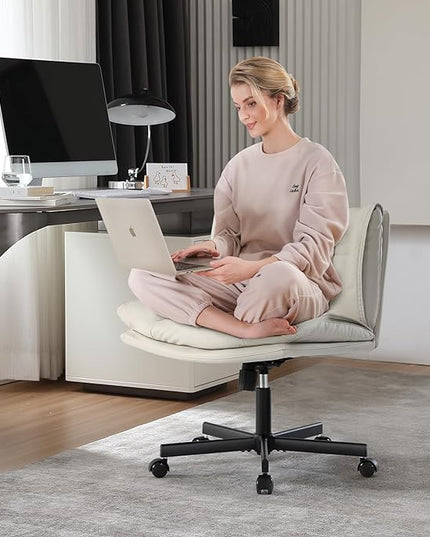 LEAGOO Armless Desk Chair, Office Chair with Wheels, PU-Leather Desk Chair, Modern Swivel Height Adjustable Office Chair with Wide Seat for Home, Office, Make Up, Bed Room - Beige - LeafyLoom