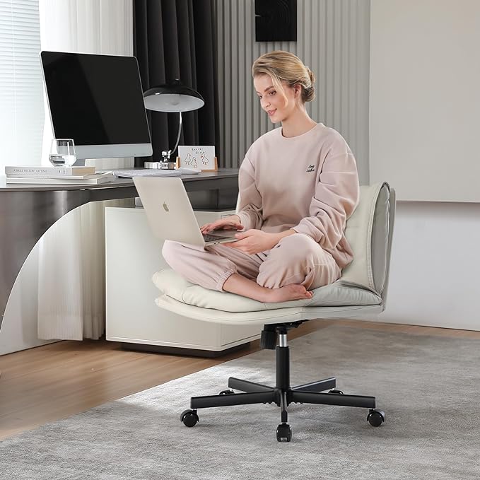 LEAGOO Armless Desk Chair, Office Chair with Wheels, PU-Leather Desk Chair, Modern Swivel Height Adjustable Office Chair with Wide Seat for Home, Office, Make Up, Bed Room - Beige - LeafyLoom