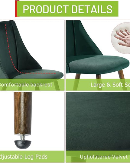 FurnitureR Dining Chairs Set of 2, Mid Century Side Chairs Large & Super Soft Velvet Seat Back Metal Legs for Kitchen, Dining Room, Bedroom, Living Room, Green - LeafyLoom