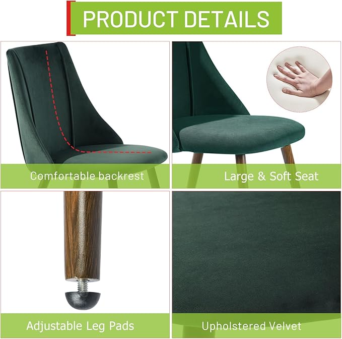 FurnitureR Dining Chairs Set of 2, Mid Century Side Chairs Large & Super Soft Velvet Seat Back Metal Legs for Kitchen, Dining Room, Bedroom, Living Room, Green - LeafyLoom