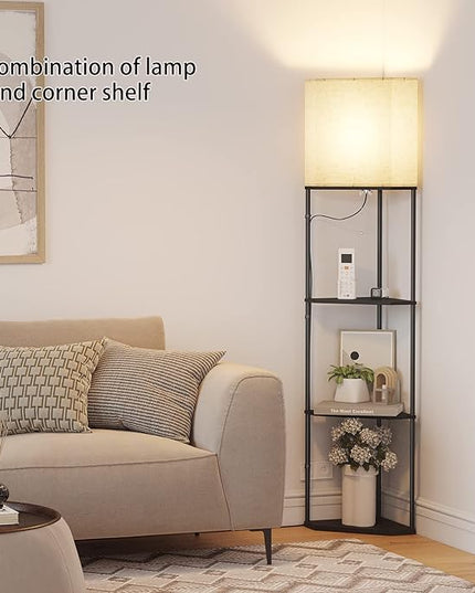 SUNMORY Sector corner shelf lamp 3 color temperatures LED Bulb,corner lamp with linen lampshade, floor lamps for living room, bedroom, study，black corner lamp with shelves - LeafyLoom