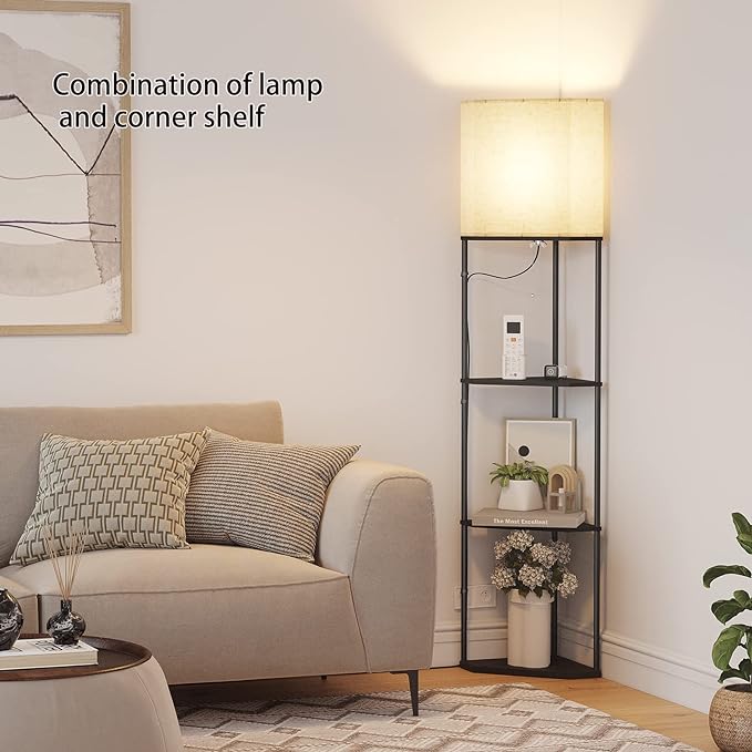 SUNMORY Sector corner shelf lamp 3 color temperatures LED Bulb,corner lamp with linen lampshade, floor lamps for living room, bedroom, study，black corner lamp with shelves - LeafyLoom