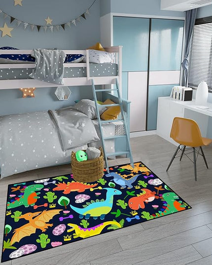 Dinosaur Rug for Boys Room Cartoon Dinosaur Area Rugs Kids Rug Dinosaur Rug Kids Play Rug Dinosaur Play Rug for Bedroom and Kidroom Playing Room,Dark Blue 3'×4' - LeafyLoom