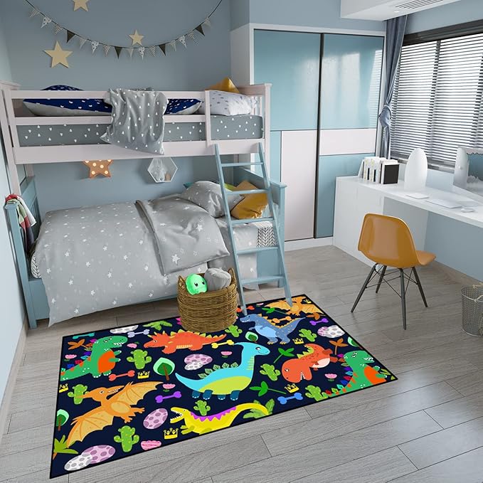 Dinosaur Rug for Boys Room Cartoon Dinosaur Area Rugs Kids Rug Dinosaur Rug Kids Play Rug Dinosaur Play Rug for Bedroom and Kidroom Playing Room,Dark Blue 3'×4' - LeafyLoom