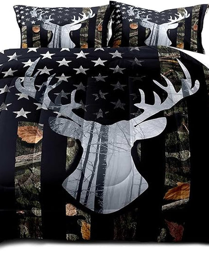 LUVIVIHOME 3PCS Deer Hunting Comforter Set King Size, Camo Bed Set Patriotic Black American Flag Bedding, Forest Animal Wildlife Country Lodge Rustic Farmhouse Cabin Camouflage Quilt, 2 Pillow Shams - LeafyLoom