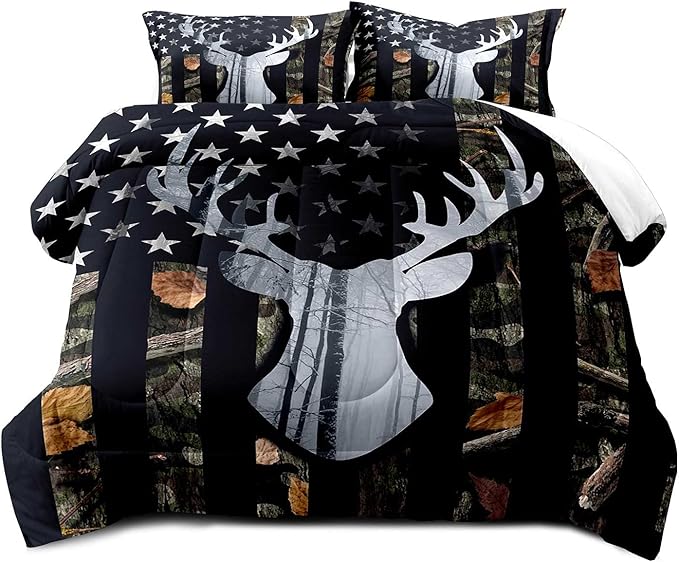 LUVIVIHOME 3PCS Deer Hunting Comforter Set King Size, Camo Bed Set Patriotic Black American Flag Bedding, Forest Animal Wildlife Country Lodge Rustic Farmhouse Cabin Camouflage Quilt, 2 Pillow Shams - LeafyLoom