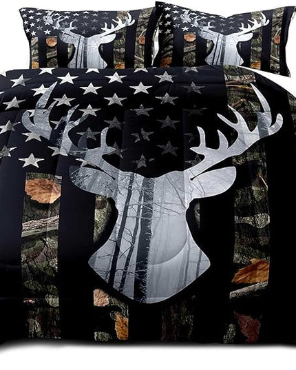 LUVIVIHOME 3PCS Deer Hunting Comforter Set Queen Size, Camo Bed Set Patriotic Black American Flag Bedding, Forest Animal Wildlife Country Lodge Rustic Farmhouse Cabin Camouflage Quilt, 2 Pillow Shams - LeafyLoom