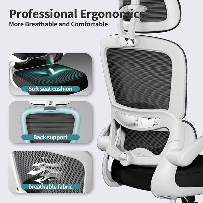 Ergonomic Office Chair Desk Chair, Gaming Chair, Computer Chair, Home Mesh Office Desk Chairs with Wheels,Comfortable Office Chair (Black&White) - LeafyLoom