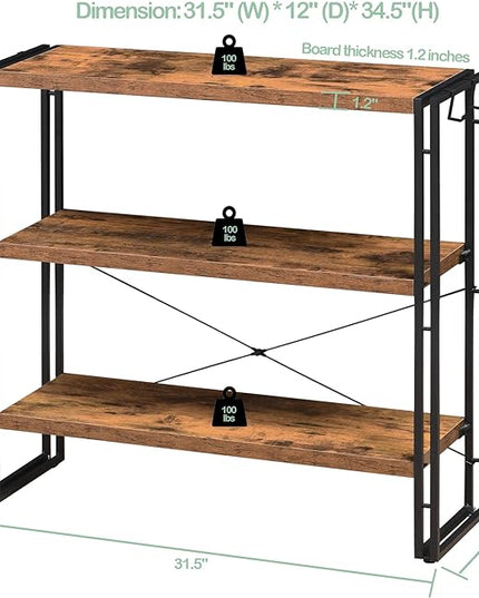 HCHQHS Bookshelf, 3-Tier Industrial Bookcase, Rustic Open Book Shelf, Freestanding Horizontal Bookshelves with Metal Frame - LeafyLoom