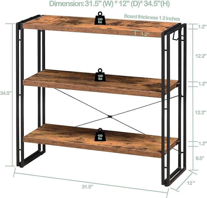 HCHQHS Bookshelf, 3-Tier Industrial Bookcase, Rustic Open Book Shelf, Freestanding Horizontal Bookshelves with Metal Frame - LeafyLoom