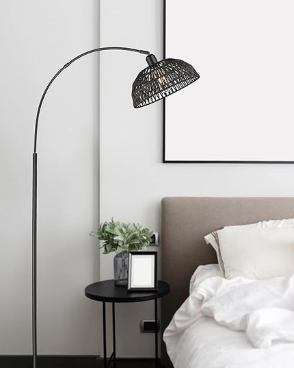 Rattan Floor Lamp, Retro Boho Arc Standing Lamp with Remote Control and Dimmable Bulb Farmhouse Bamboo Lamp Shade Floor Light Industrial Tall Lamp (Black) - LeafyLoom
