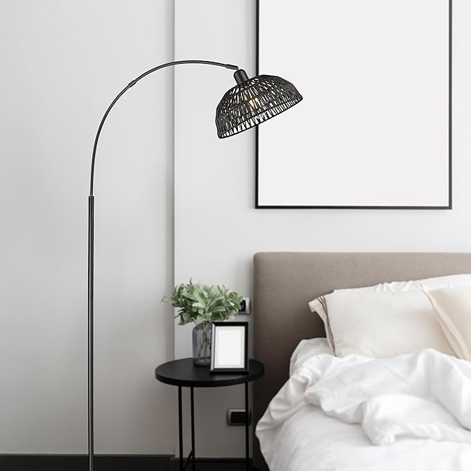 Rattan Floor Lamp, Retro Boho Arc Standing Lamp with Remote Control and Dimmable Bulb Farmhouse Bamboo Lamp Shade Floor Light Industrial Tall Lamp (Black) - LeafyLoom