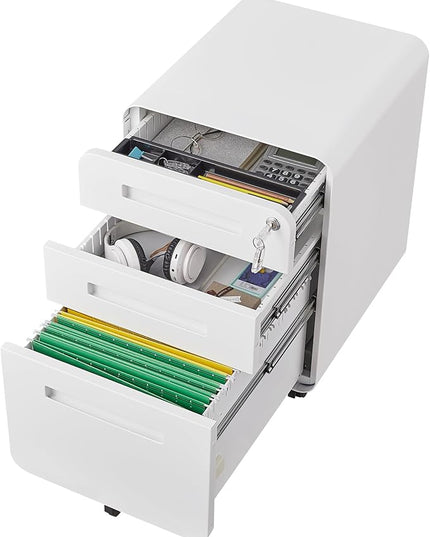 3 Drawer Mobile Desk Office with Lock and Wheels,Versatile Storage Cabinets w/Anti-Tilting Cold Rolled Steel Waterproof Moisture-Proof,for Legal/Letter/A4 Files,White - LeafyLoom