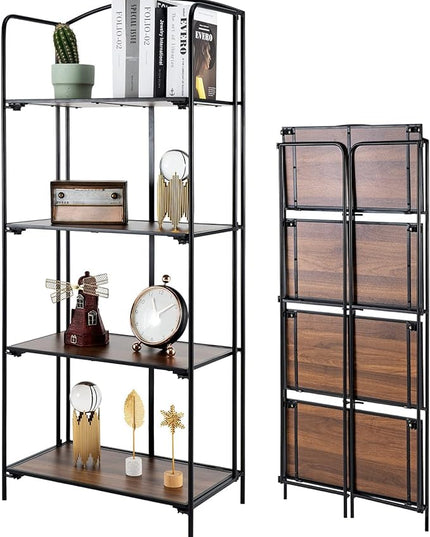No Assembly Folding Bookshelf, 4 Tier Black Bookshelf, Metal Book Shelf for Storage, Folding Bookcase for Office Organization and Storage, 12.6" D x 22.44" W x 55.51" H - LeafyLoom