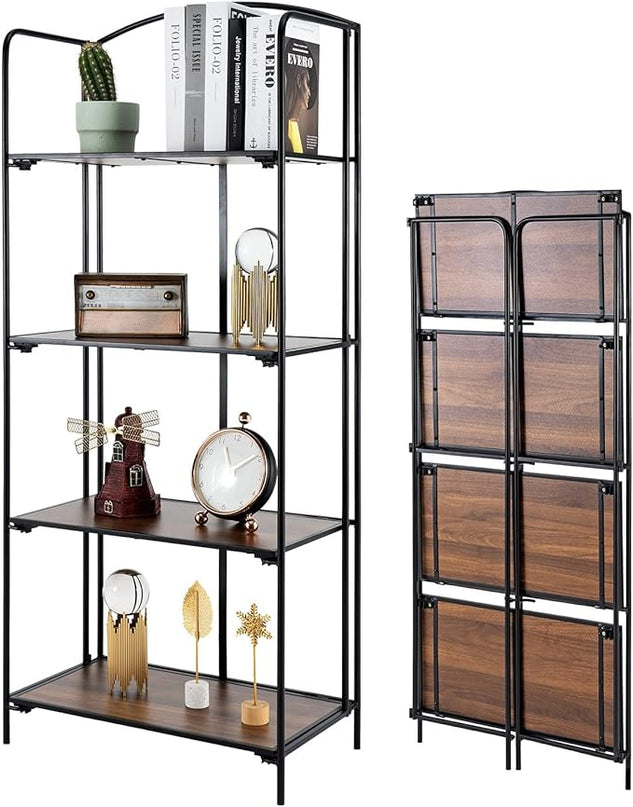 No Assembly Folding Bookshelf, 4 Tier Black Bookshelf, Metal Book Shelf for Storage, Folding Bookcase for Office Organization and Storage, 12.6" D x 22.44" W x 55.51" H - LeafyLoom