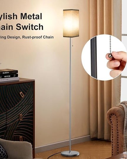 Floor Lamps for Living Room Bedroom - 3 Color Temperature Silver Standing Lamps with Pull Chain Switch, Modern Tall Lamp for Office Home Nursery, Pole Lamp with Black Lampshade for Reading - LeafyLoom