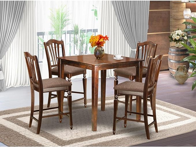 East West Furniture VNCH5-MAH-C Vernon 5 Piece Kitchen Counter Height Set Includes a Square Dining Room Table and 4 Linen Fabric Upholstered Chairs, 36x36 Inch, Mahogany - LeafyLoom