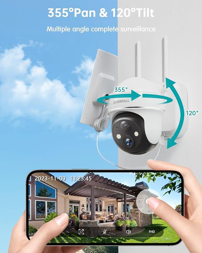ZUMIMALL Solar Security Cameras Wireless Outdoor, 360° View Outdoor Camera Wireless Solar Powered,2.4G WiFi，2K/3MP Color Night Vision,2-Way Talk, PIR Motion Alert, Cloud Storage, Work with Alexa ZUMIMALL