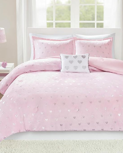 Mi Zone Rosalie Comforter Set for Girls, Ultra-Soft Microlight Plush Metallic Printed Hearts Brushed Reverse Overfilled Down Alternative Hypoallergenic All Season, , Full/Queen, Pink/Silver, 4 Piece - LeafyLoom