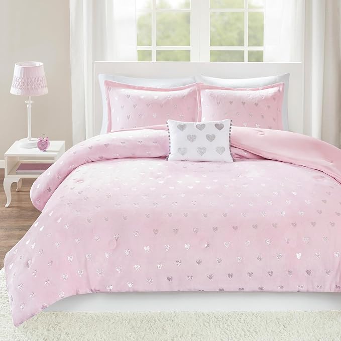 Mi Zone Rosalie Comforter Set for Girls, Ultra-Soft Microlight Plush Metallic Printed Hearts Brushed Reverse Overfilled Down Alternative Hypoallergenic All Season, , Full/Queen, Pink/Silver, 4 Piece - LeafyLoom
