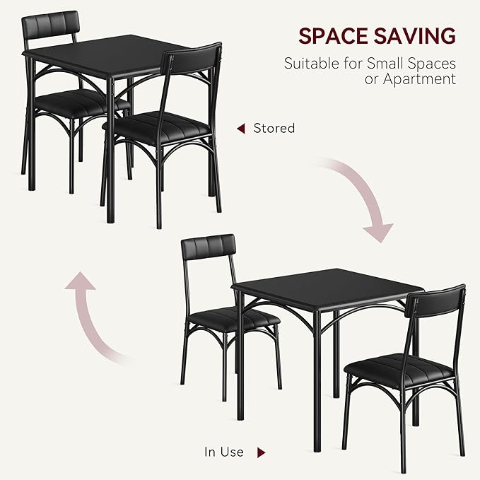 IDEALHOUSE Dining Table Set for 2, Kitchen Table and Chairs for 2, Dining Room Table Set with 2 Upholstered Chairs, 3 Piece Square Kitchen Table Set for Small Space, Apartment, Rustic Black - LeafyLoom