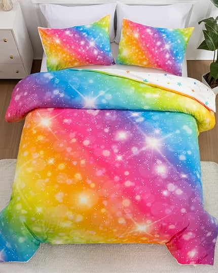 Holawakaka Girls Ombre Glitter Comforter Set, Twin Size Gradient Rainbow Galaxy Print Kids Bedding Sets, Multi-Color Ultra-Soft Dorm Bed Set (Multi-color,Twin) - LeafyLoom