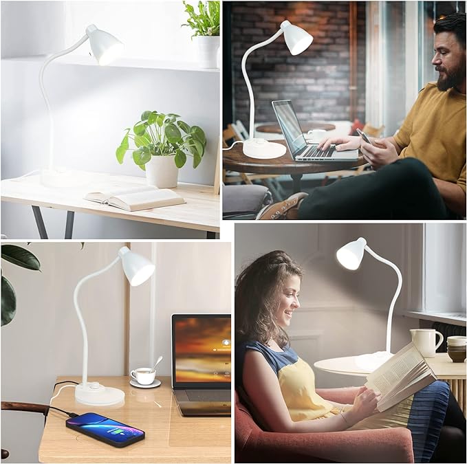BOHON LED Desk Lamp with USB Charging Port, 3 Color Modes Dimmable Reading Lamp, Auto Dimming Task Lamp, Flexible Gooseneck Table Light for Dorm Bedside, Adapter Include, White - LeafyLoom