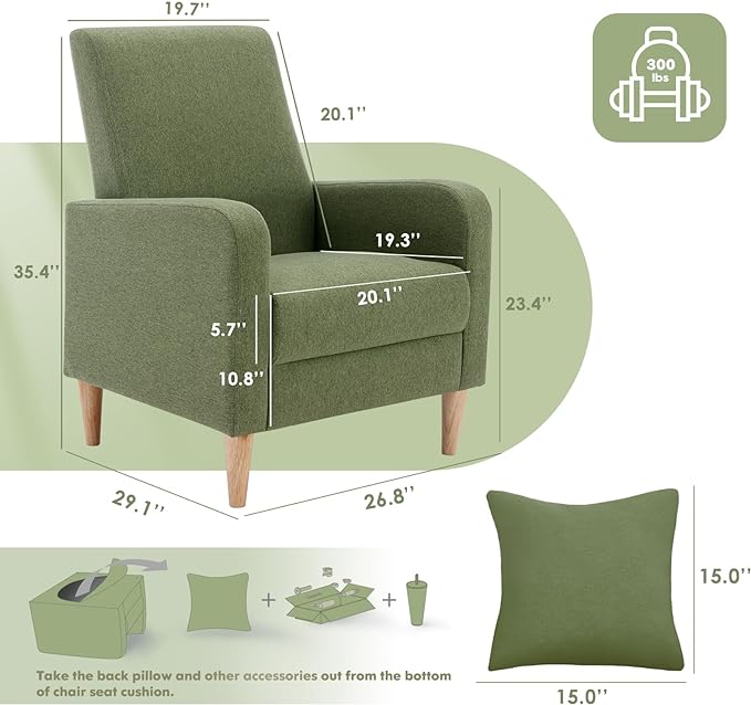 COLAMY Modern Upholstered Accent Chair Armchair with Pillow, Fabric Reading Living Room Side Chair,Single Sofa with Lounge Seat and Wood Legs, Green - LeafyLoom