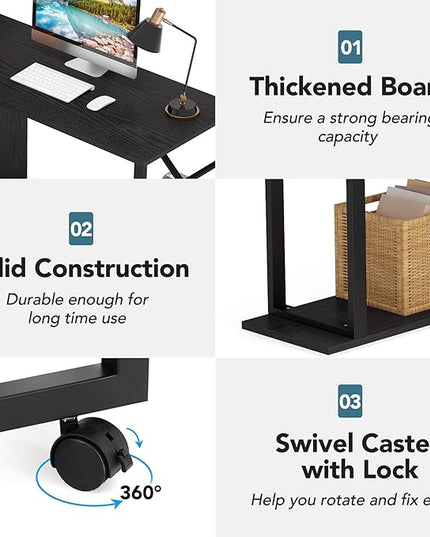 Rotating Computer Desk L-Shaped Office Desk with 5 Shelves Bookcase, Reversible Writing Desk Study Table with Wheels for Home Office, Black - LeafyLoom