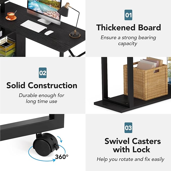 Rotating Computer Desk L-Shaped Office Desk with 5 Shelves Bookcase, Reversible Writing Desk Study Table with Wheels for Home Office, Black - LeafyLoom