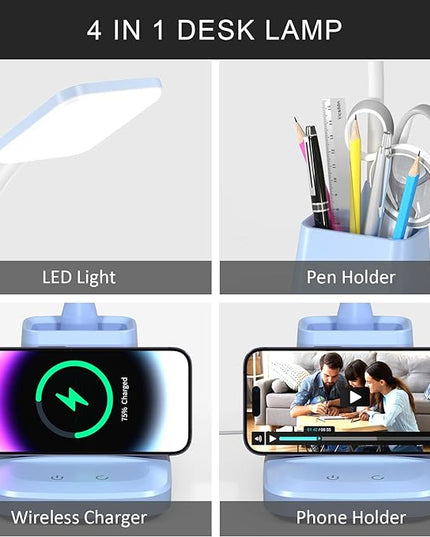 LED Desk Lamp for Home Office, Touch Table Lamp with Wireless Charger 3 Color Modes 360 Adjustable Arm, Dimmable Desk Light with Pen Phone Holder for College Dorm Room, Blue - LeafyLoom