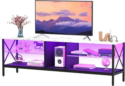 Clikuutory 63 Inch Marble Texture TV Stand with LED Lights for 40 50 55 60 65 70 Inch TVs, 3Tier Modern Metal Television Stands with Entertainment Center and Storage for Living Room, Bedroom, White - LeafyLoom