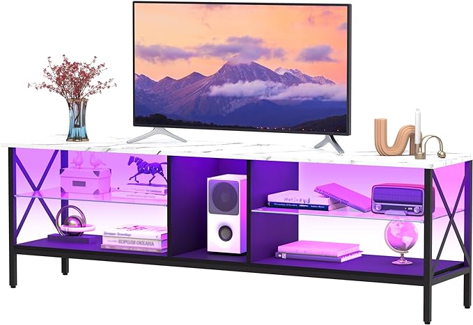 Clikuutory 63 Inch Marble Texture TV Stand with LED Lights for 40 50 55 60 65 70 Inch TVs, 3Tier Modern Metal Television Stands with Entertainment Center and Storage for Living Room, Bedroom, White - LeafyLoom