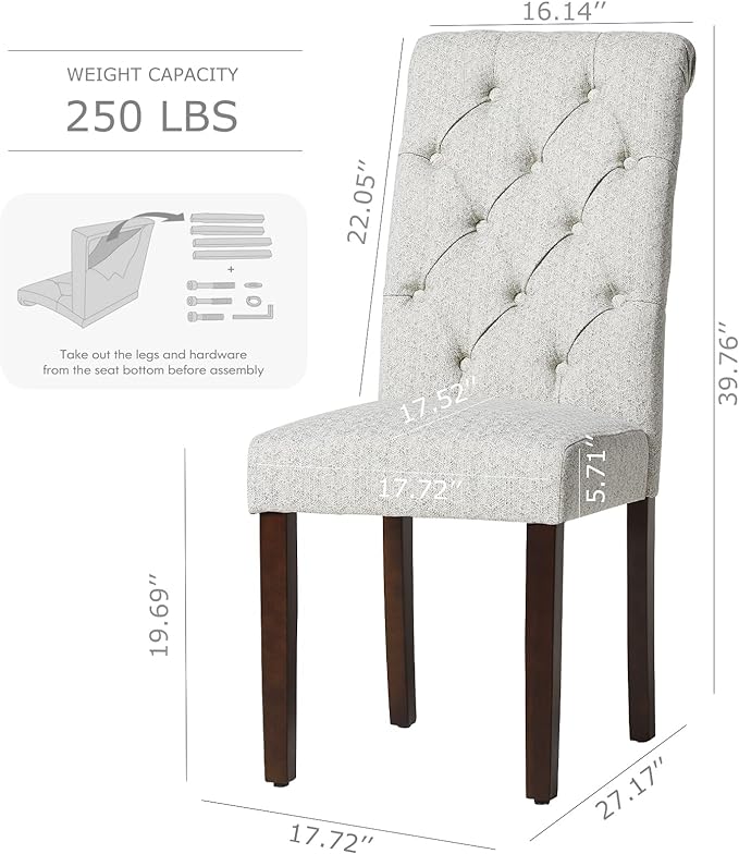 COLAMY Button Tufted Dining Chairs Set of 2, Parsons Upholstered Fabric Dining Room Chairs Kitchen Chairs with Wood Legs and Padded Seat, Ripple - LeafyLoom