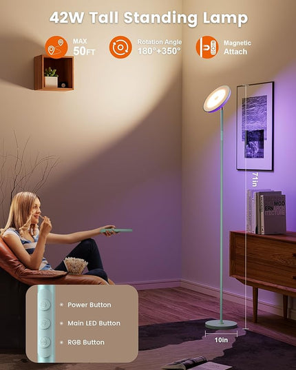 Floor Lamp, 42W 3700LM Modern Torchiere Sky LED Lamps, Super Bright Tall Standing Pole Light with Remote, 5 Color Temperature, Memory Function&Touch Control for Living Room Bedroom Office, Mint Green - LeafyLoom